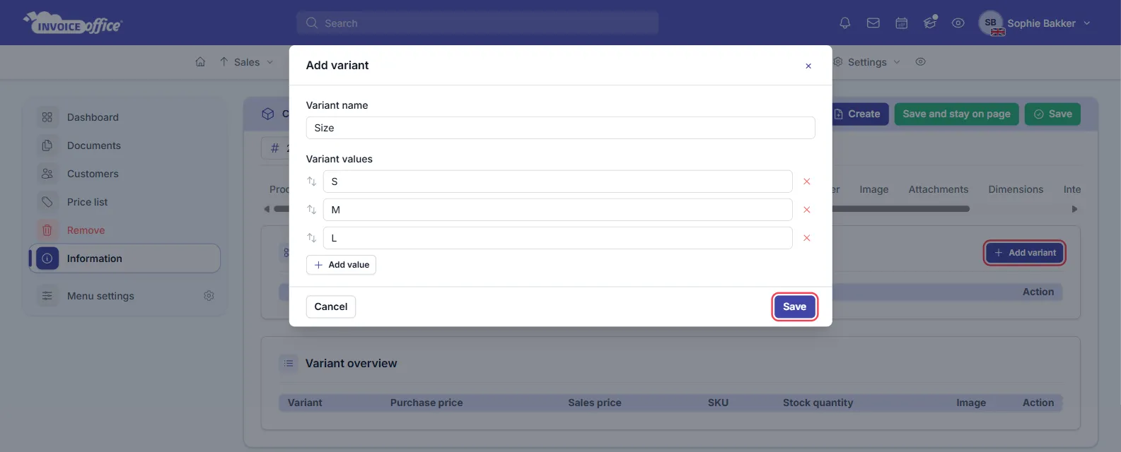 The Add variant dialog on the Variants tab of the Classic Polo Shirt product, with Variant name Size and the values S, M and L, an Add value button, and Cancel and Save; the Add variant button and Save are outlined in red