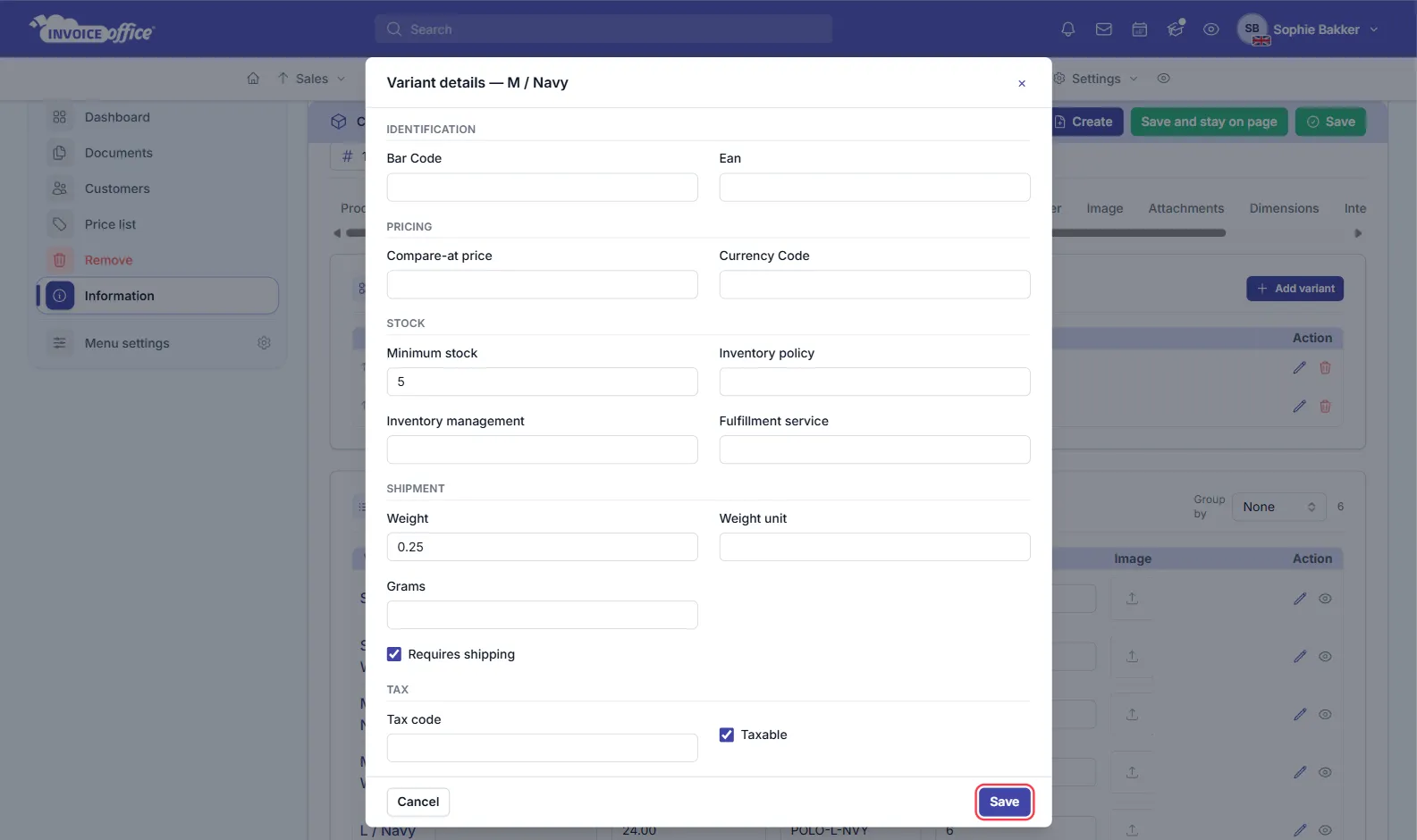 The Variant details dialog for M / Navy with the sections Identification, Pricing, Stock, Shipment and Tax, Minimum stock 5 and Weight 0.25 filled in; the Save button is outlined in red
