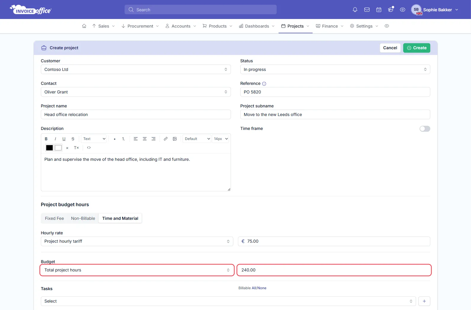 The Create project form for Head office relocation for Contoso Ltd, Time and Material at a project hourly tariff of €75.00; in the Project budget hours section the Budget select is set to Total project hours with 240.00 hours, both outlined in red
