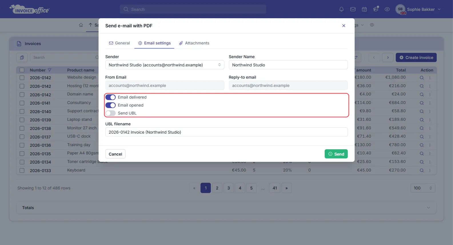The Email settings tab of the Send e-mail with PDF window in Invoice Office, showing sender, sender name, from and reply-to fields above toggles for Email delivered, Email opened and Send UBL; the two confirmation toggles are switched on and outlined in red