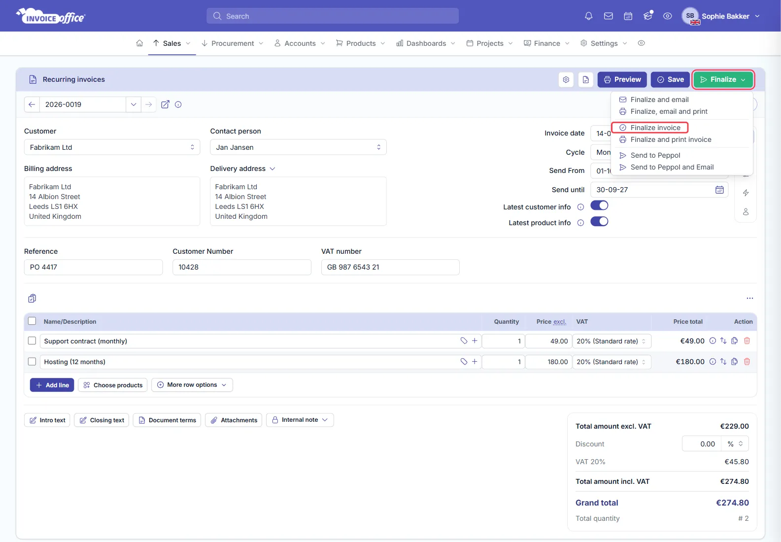 The Finalize menu open on a recurring invoice, listing Finalize and email, Finalize, email and print, Finalize invoice, Finalize and print invoice, Send to Peppol and Send to Peppol and Email; the Finalize button and Finalize invoice are outlined in red