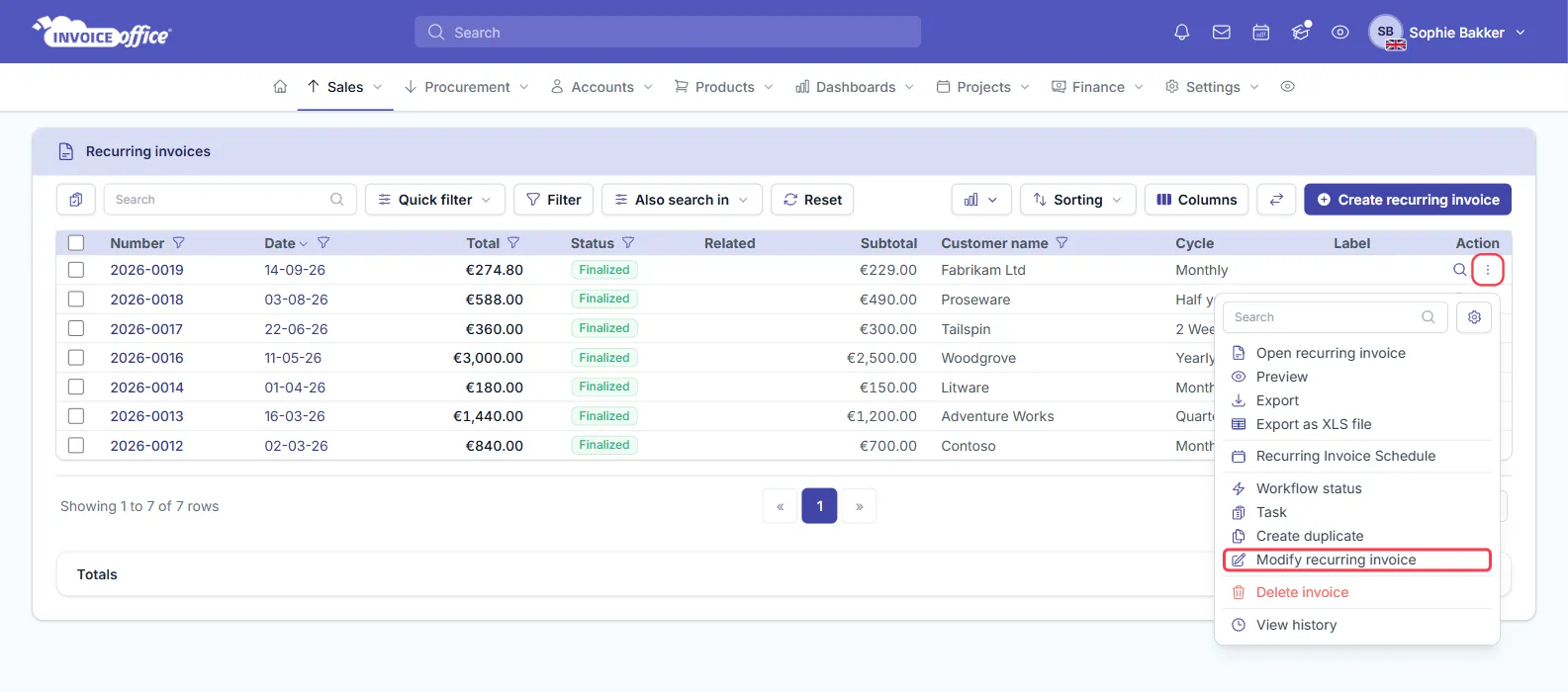 The Action menu open on a finalized recurring invoice in the list, with Modify recurring invoice outlined in red