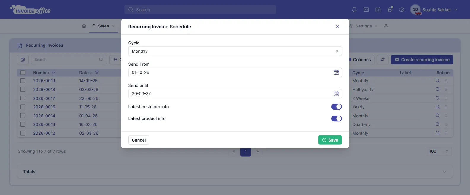 The Recurring Invoice Schedule window with Cycle set to Monthly, Send From 01-10-26, Send until 30-09-27, the Latest customer info and Latest product info switches, and Cancel and Save buttons