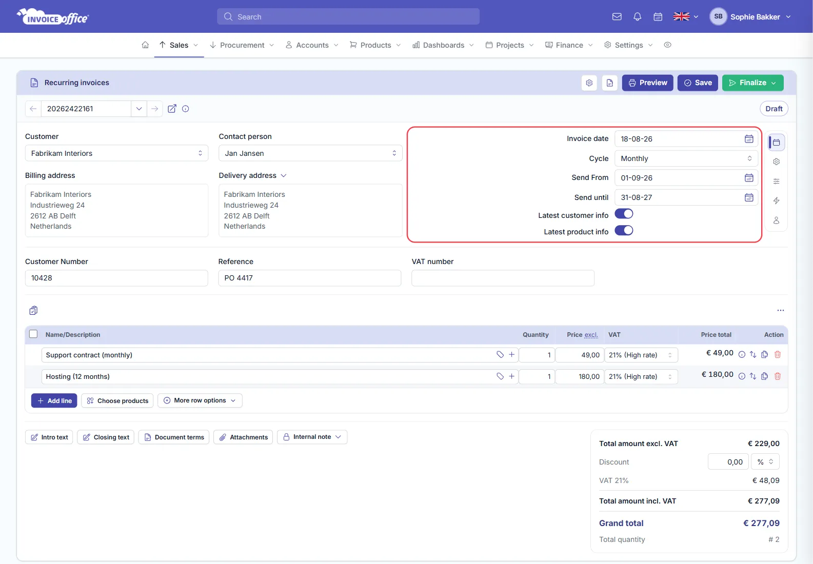 An Invoice Office recurring invoice for Fabrikam Interiors with two lines, and a dates panel holding Invoice date, Cycle set to Monthly, Send From 01-09-26, Send until 31-08-27 and the Latest customer info and Latest product info switches; the panel is outlined in red