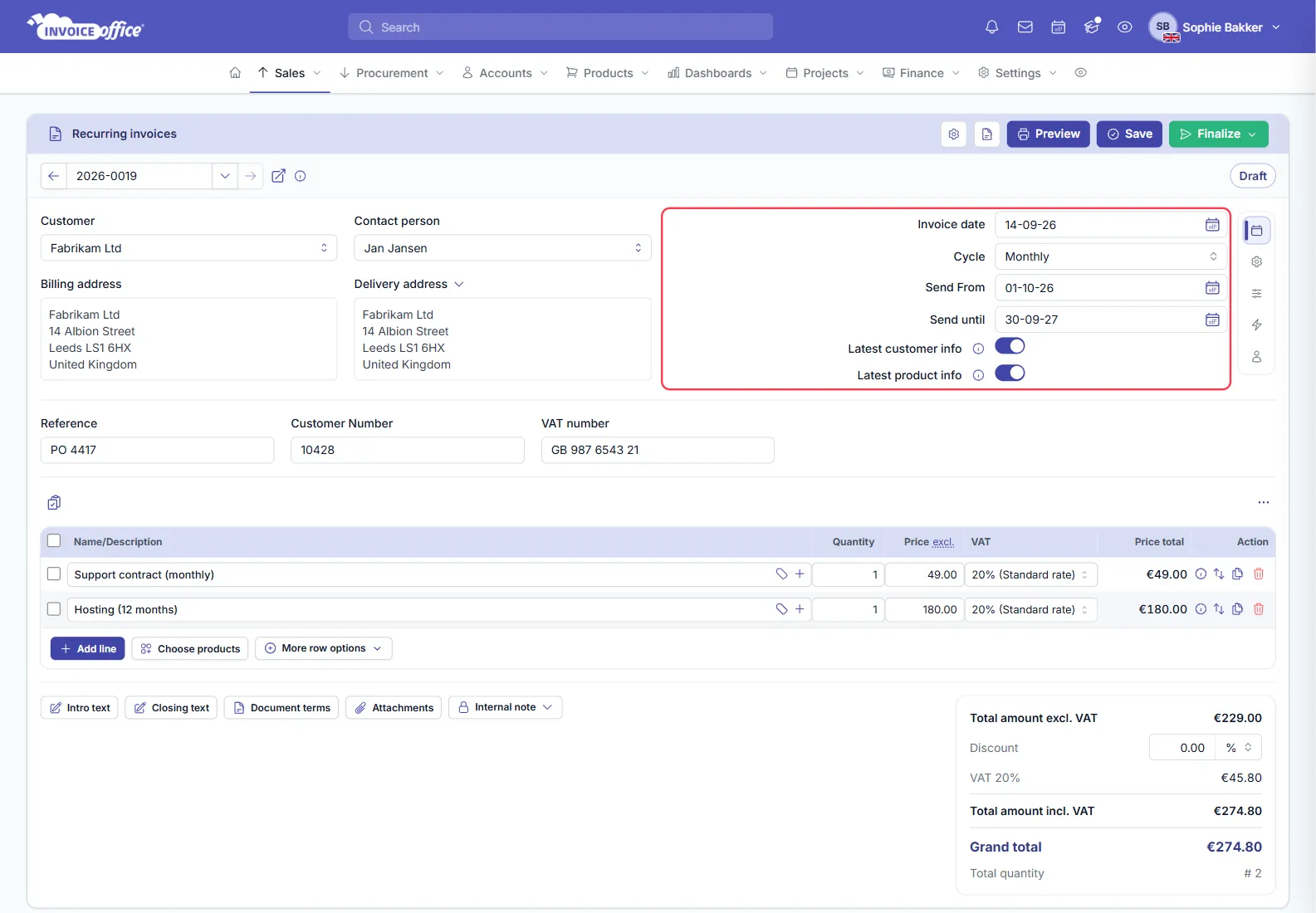 An Invoice Office recurring invoice for Fabrikam Ltd with two lines, and a dates panel holding Invoice date, Cycle set to Monthly, Send From 01-10-26, Send until 30-09-27 and the Latest customer info and Latest product info switches; the panel is outlined in red