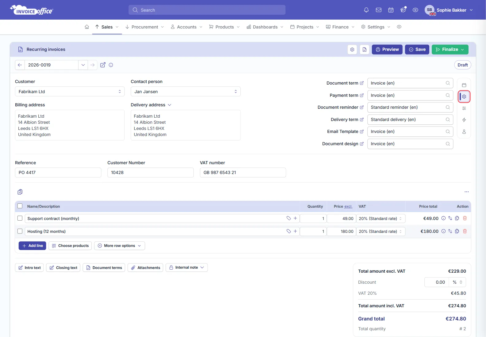 The Settings tab of a recurring invoice showing Document term, Payment term, Document reminder, Delivery term, Email Template and Document design; the cog icon that opens the tab is outlined in red