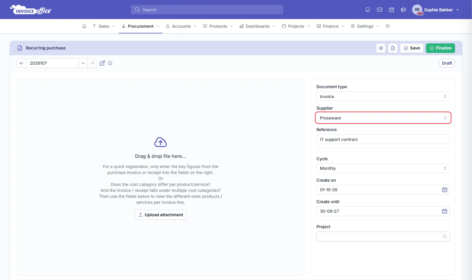 A new Invoice Office recurring purchase with Document type Invoice, Supplier Proseware, Reference IT support contract, Cycle Monthly, Create on 01-10-26 and Create until 30-09-27; the Supplier field is outlined in red