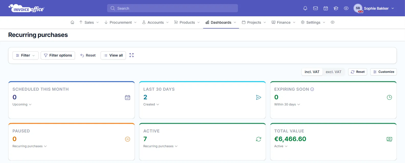 The Recurring purchases dashboard in Invoice Office with the Scheduled this month, Last 30 days, Expiring soon, Paused, Active and Total value tiles and the incl. VAT / excl. VAT switch