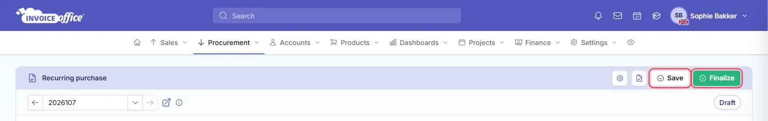 The top of a Draft recurring purchase in Invoice Office with the Save and Finalize buttons outlined in red