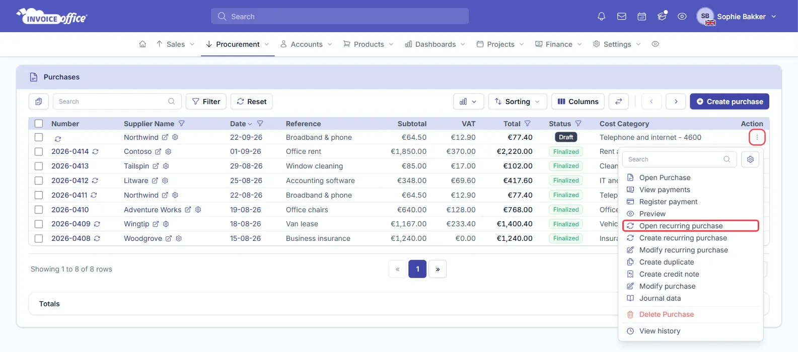 The Purchases list in Invoice Office with a Draft Northwind broadband purchase at the top that has no number yet, and earlier purchases marked with a recurring icon; the row's Action menu is open with Open recurring purchase outlined in red