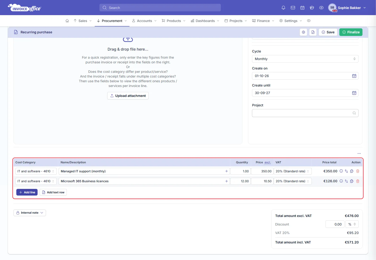 The line table of the recurring purchase, outlined in red, with Managed IT support (monthly) 1 × 350.00 and Microsoft 365 Business licences 12 × 10.50, both under the IT and software cost category at 20% VAT, and totals of €476.00 excluding VAT, €95.20 VAT and €571.20 including VAT