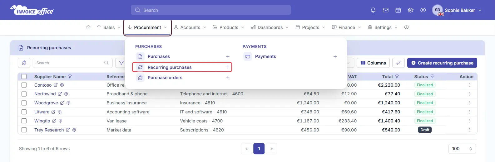 The Procurement menu open in Invoice Office listing Purchases, Recurring purchases and Purchase orders, each with a plus icon, and Payments; Recurring purchases and its plus icon are outlined in red