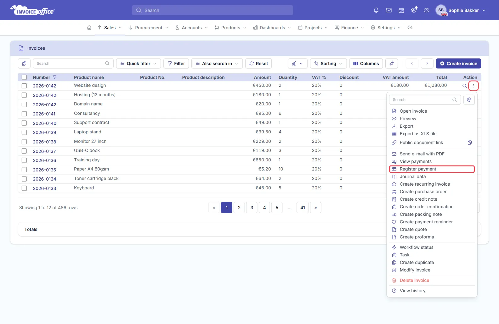The Invoice Office invoices list with the Action menu of finalized invoice 2026-0142 open, showing Open invoice, Preview, Export, Public document link, Send e-mail with PDF, Invoice UBL XML, Send to Peppol, View payments, Register payment, Journal data, the Create options including Create credit note and Create payment reminder, Modify invoice and Delete invoice; the Action button and Register payment are outlined in red
