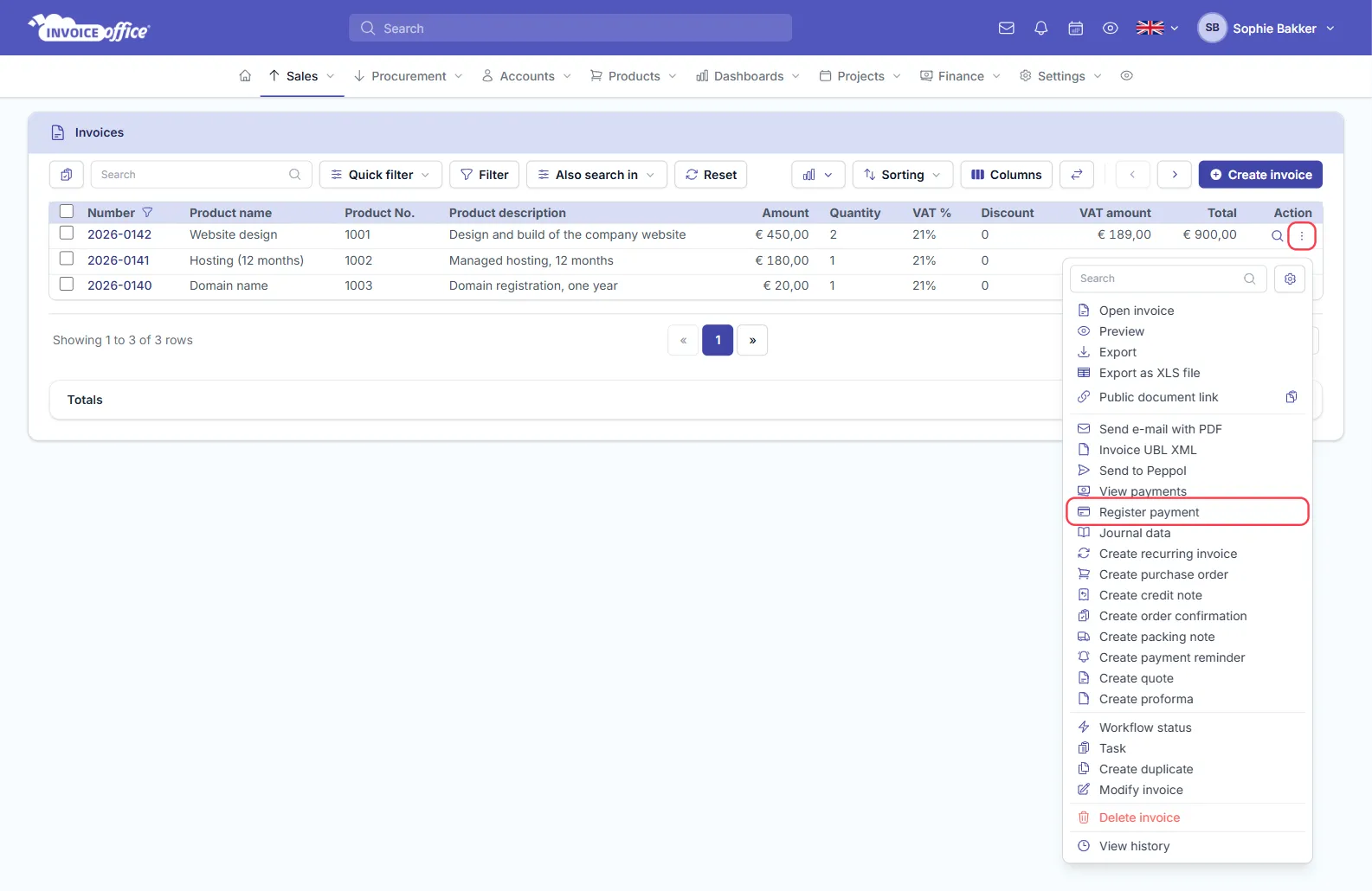 The Invoice Office invoices list with the Action menu of finalized invoice 2026-0142 open, showing Open invoice, Preview, Export, Public document link, Send e-mail with PDF, Invoice UBL XML, Send to Peppol, View payments, Register payment, Journal data, the Create options including Create credit note and Create payment reminder, Modify invoice and Delete invoice; the Action button and Register payment are outlined in red