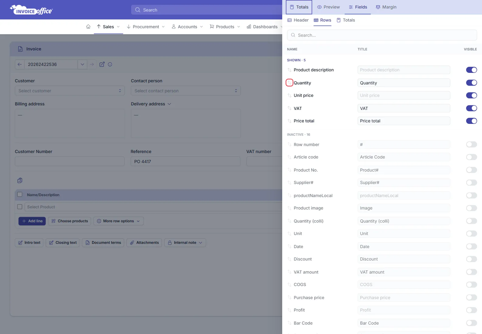 The Display Columns panel of an Invoice Office document, on the Fields tab and Rows sub-tab, listing SHOWN · 5 columns — Product description, Quantity, Unit price, VAT and Price total — above INACTIVE · 16 more, with the drag handle on the Quantity row outlined in red