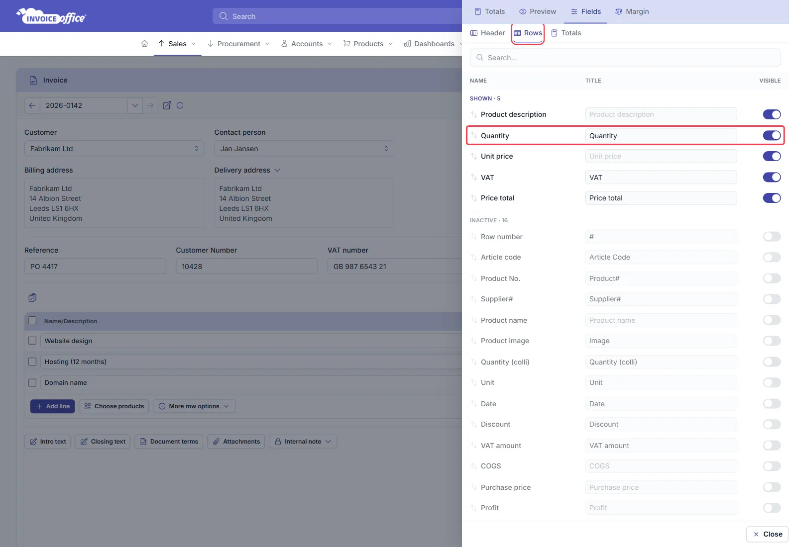 The Display Columns panel of an Invoice Office document, on the Fields tab and Rows sub-tab, listing SHOWN · 5 columns — Product description, Quantity, Unit price, VAT and Price total — above INACTIVE · 16 more, with the drag handle on the Quantity row outlined in red