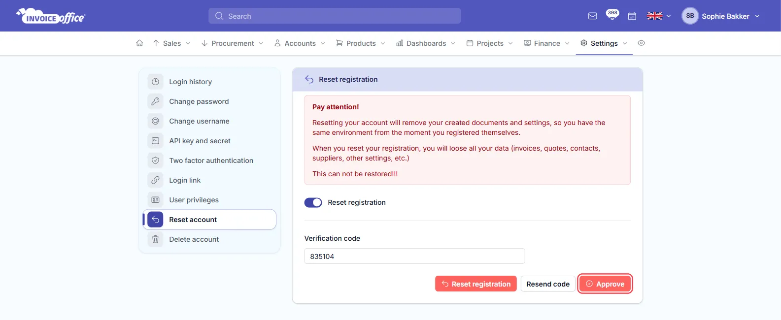 The same Reset registration page after the code has been requested, showing a Verification code field filled in with the Reset registration, Resend code and Approve buttons beneath it — Approve is outlined in red