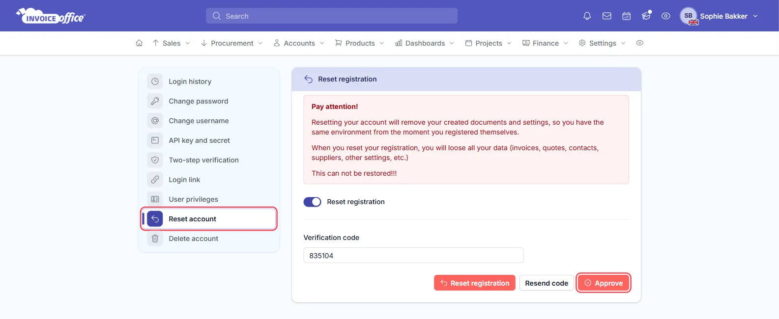 The same Reset registration page after the code has been requested, showing a Verification code field filled in with the Reset registration, Resend code and Approve buttons beneath it — Approve is outlined in red
