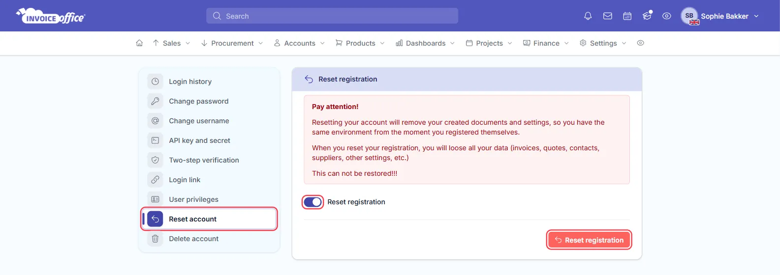 The Reset registration page in the Invoice Office Security center, with a red Pay attention warning that resetting removes all documents and settings and cannot be restored — the Reset registration switch and the red Reset registration button are outlined in red
