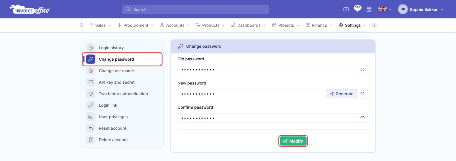 The Change password page in the Invoice Office Security center, with Old password, New password, a Generate button and Confirm password filled in — the Change password entry in the Security center menu and the green Modify button are outlined in red