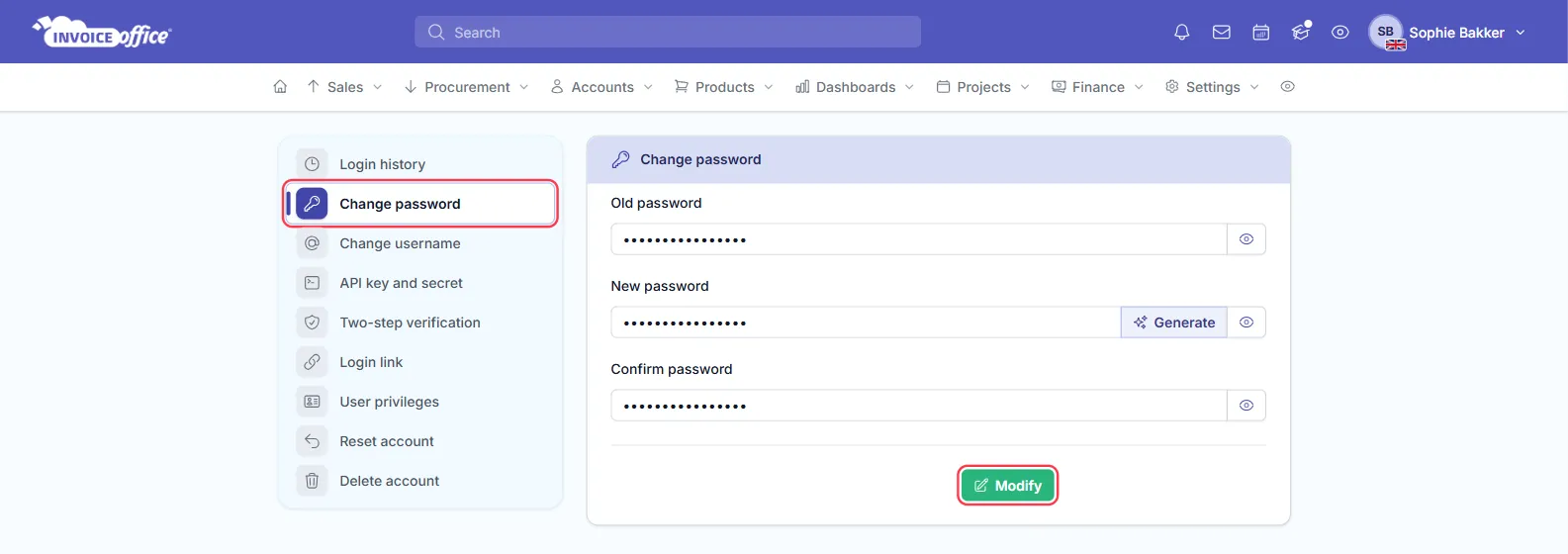 The Change password page in the Invoice Office Security center, with Old password, New password, a Generate button and Confirm password filled in — the Change password entry in the Security center menu and the green Modify button are outlined in red