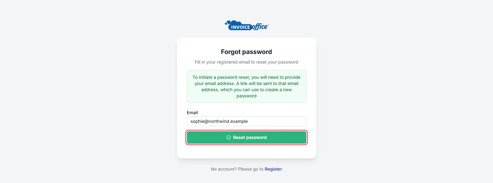 The Invoice Office Forgot password screen, explaining that a link will be sent to your email address which you can use to create a new password, with the Email field filled in and the Reset password button outlined in red