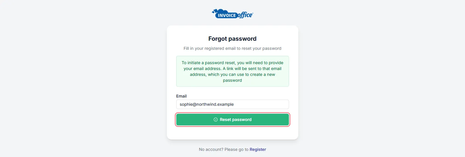 The Invoice Office Forgot password screen, explaining that a link will be sent to your email address which you can use to create a new password, with the Email field filled in and the Reset password button outlined in red