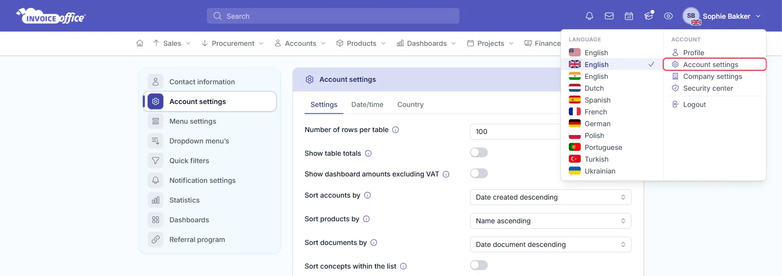 The menu under the user's name in Invoice Office, open with a Language column of flags and an Account column listing Profile, Account settings, Company settings, Security center and Logout; Account settings is outlined in red