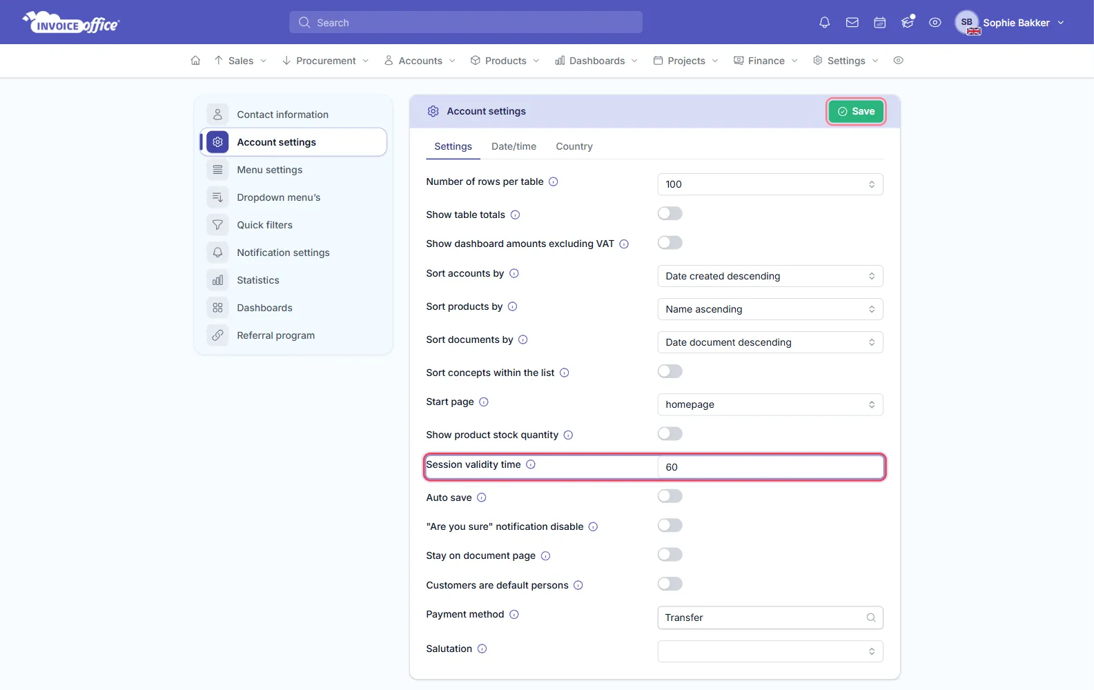 The Account settings page in Invoice Office on the Settings tab, with Session validity time set to 60 outlined in red among the other personal settings, and the Save button outlined in red