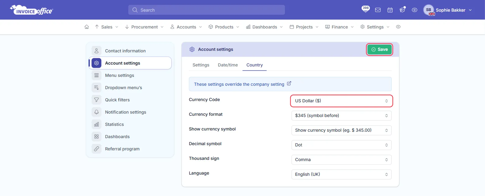 The Country tab of Account settings in Invoice Office with the note These settings override the company setting and Currency Code set to US Dollar ($); the Currency Code field and the Save button are outlined in red