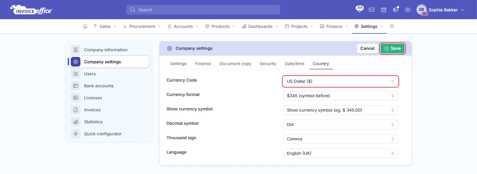 The Country tab of Company settings in Invoice Office with Currency Code set to US Dollar ($), Currency format $345 (symbol before), Decimal symbol Dot and Thousand sign Comma; the Currency Code field and the Save button are outlined in red