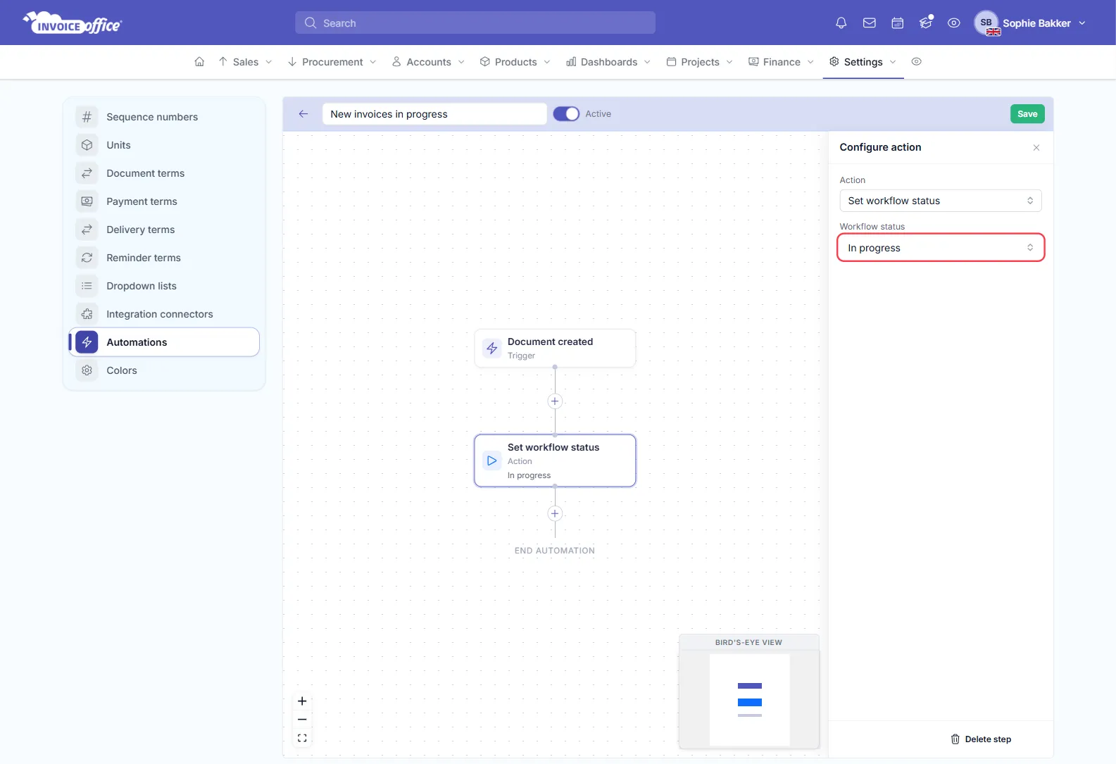 The Configure action panel of an Invoice Office automation, with Action set to Set workflow status and the Workflow status field set to In progress outlined in red; the canvas shows Document created followed by Set workflow status, In progress