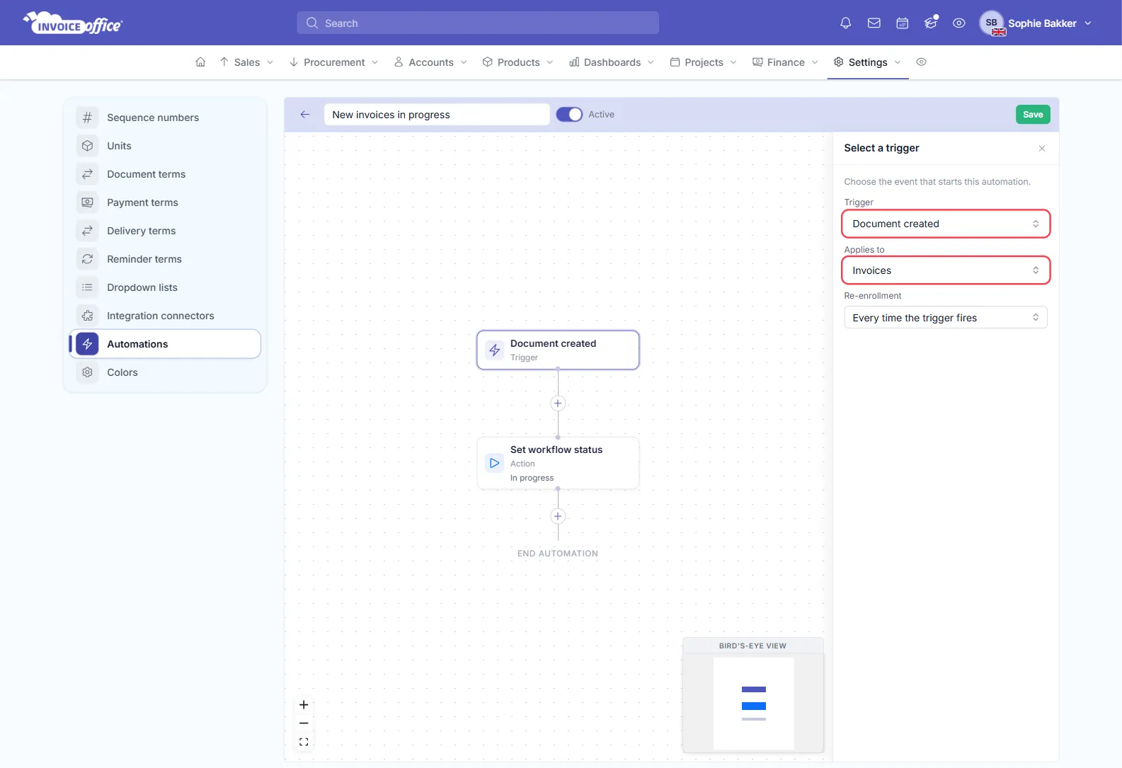 The Invoice Office automation editor for the automation New invoices in progress, with the Select a trigger panel open: Trigger set to Document created and Applies to set to Invoices, both outlined in red, above the steps Document created and Set workflow status
