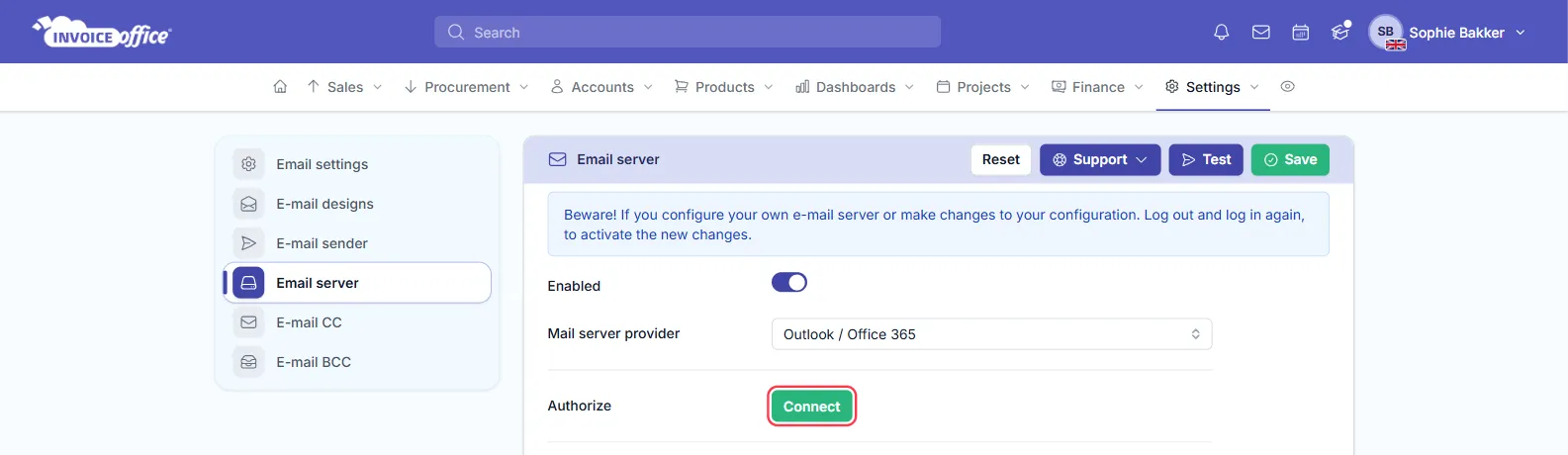 The Email server page in Invoice Office settings with Enabled switched on, Mail server provider set to Outlook / Office 365, and the Connect button on the Authorize row outlined in red