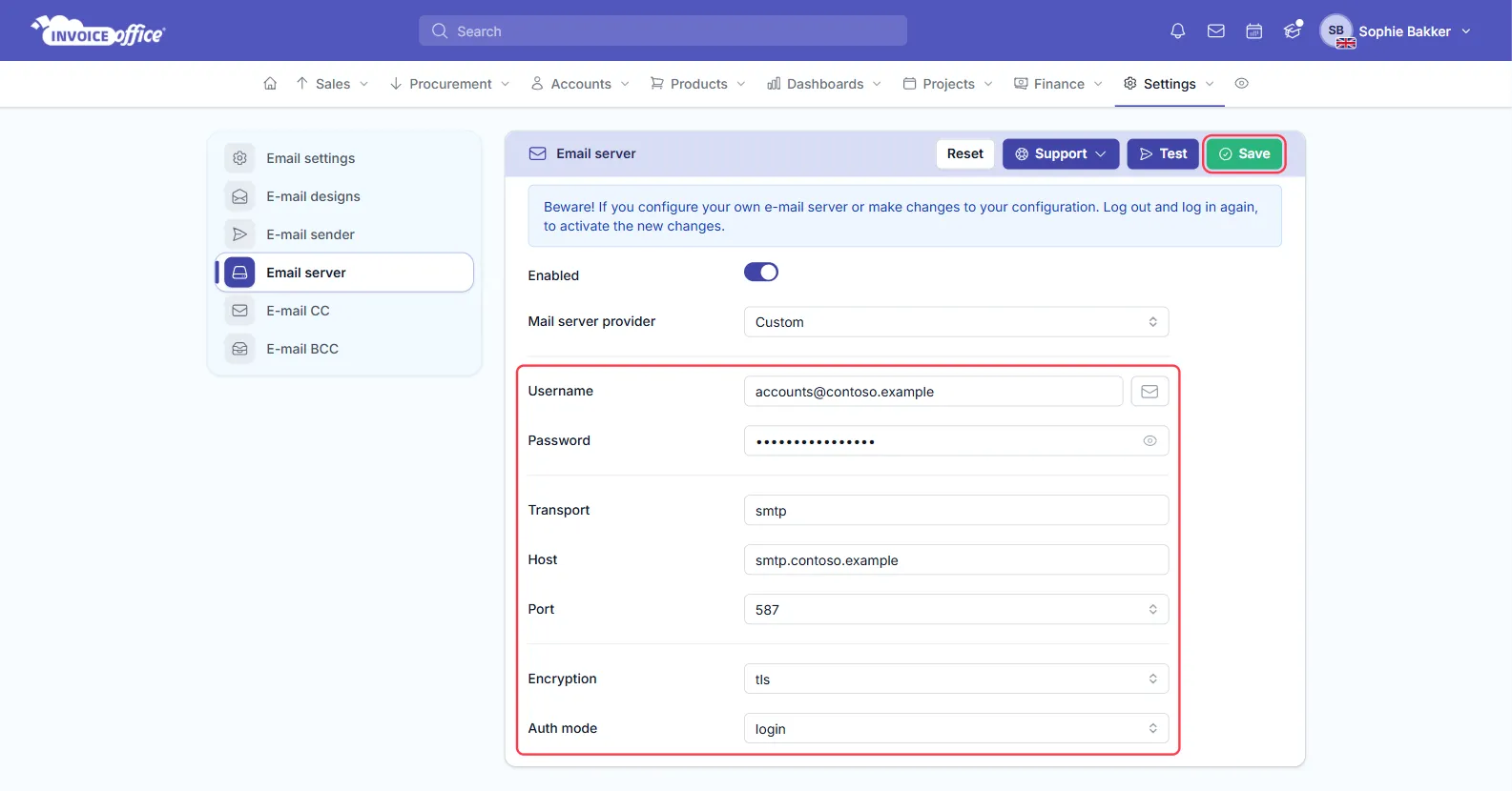 The Email server page in Invoice Office settings with Enabled switched on, Mail server provider Custom, and the SMTP settings outlined in red — Username, a masked Password, Transport smtp, Host smtp.contoso.example, Port 587, Encryption tls and Auth mode login; the Save button is outlined in red
