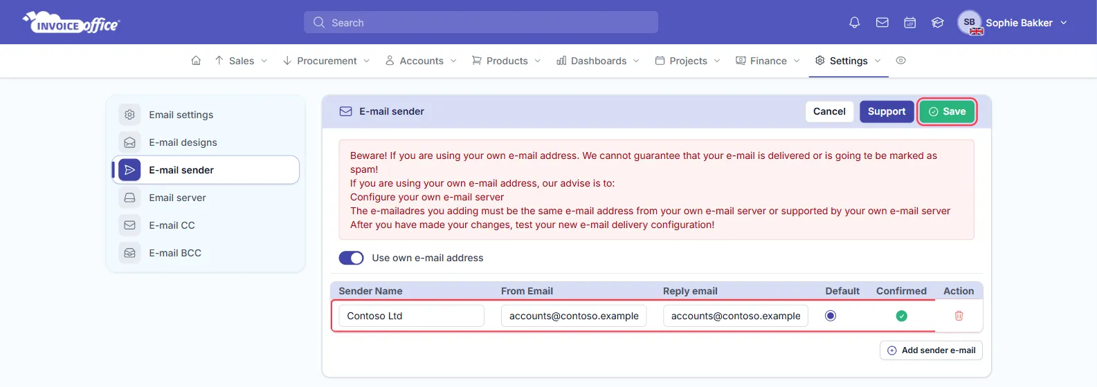 The E-mail sender page in Invoice Office with Use own e-mail address switched on and one sender, Contoso Ltd with From Email and Reply email accounts@contoso.example, marked Default and Confirmed; the sender row and the Save button are outlined in red