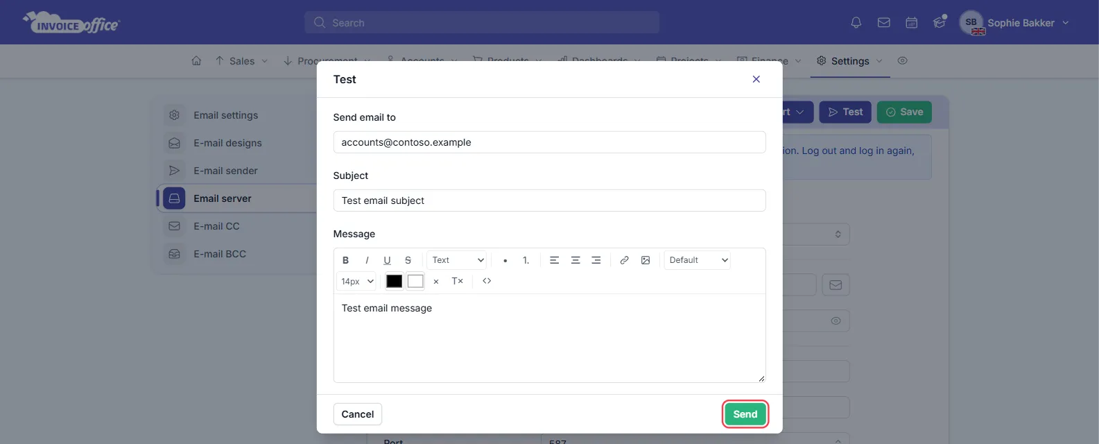 The Test window on the Email server page with Send email to accounts@contoso.example, Subject Test email subject and a Test email message; the Send button is outlined in red