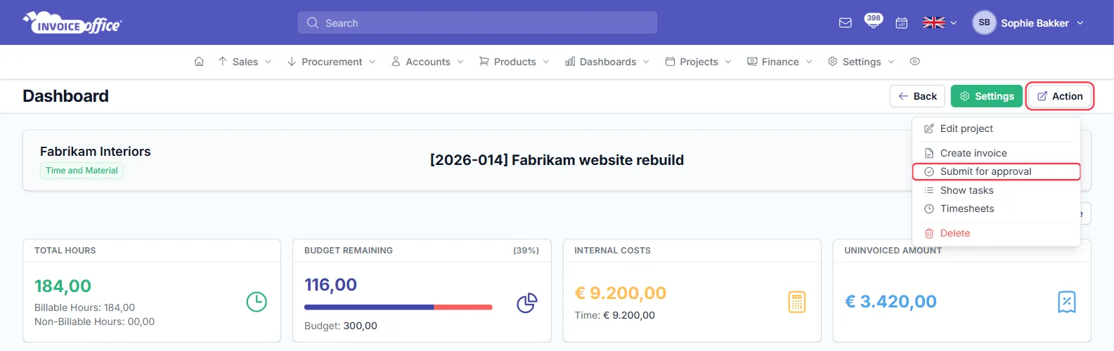 A project dashboard in Invoice Office showing total hours, budget remaining, internal costs and uninvoiced amount, with the Action menu open on Edit project, Create invoice, Submit for approval, Show tasks, Timesheets and Delete — Action and Submit for approval are outlined in red