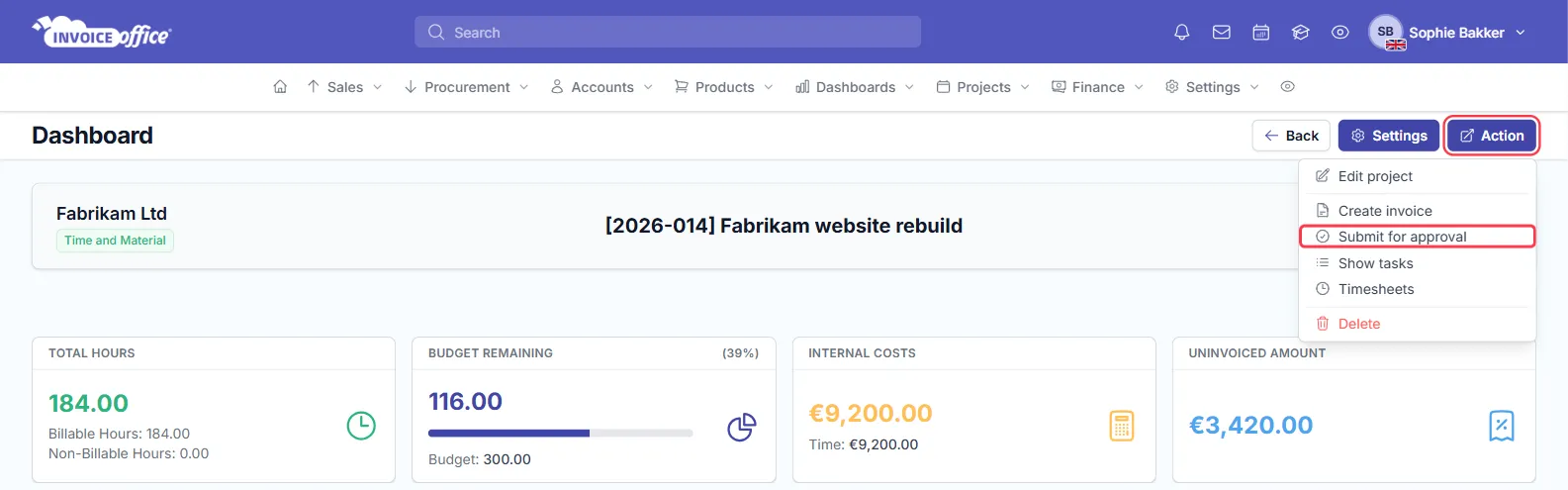 A project dashboard in Invoice Office showing total hours, budget remaining, internal costs and uninvoiced amount, with the Action menu open on Edit project, Create invoice, Submit for approval, Show tasks, Timesheets and Delete — Action and Submit for approval are outlined in red
