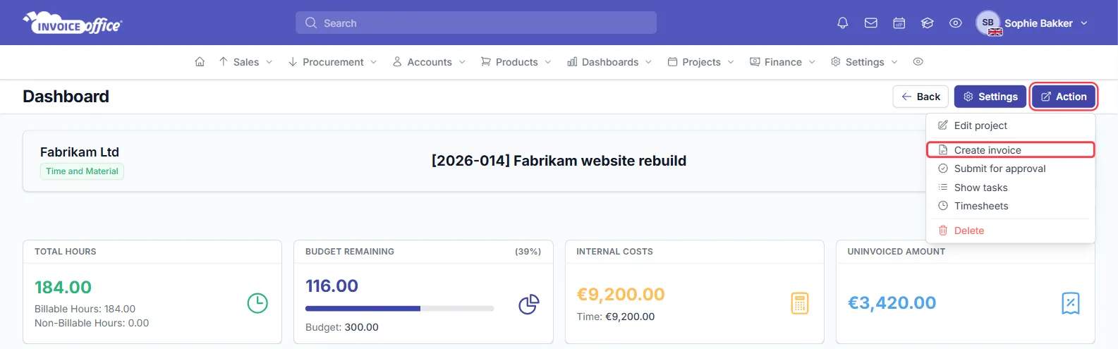 The same project dashboard Action menu in Invoice Office with Create invoice outlined in red, above the total hours, budget remaining, internal costs and uninvoiced amount tiles