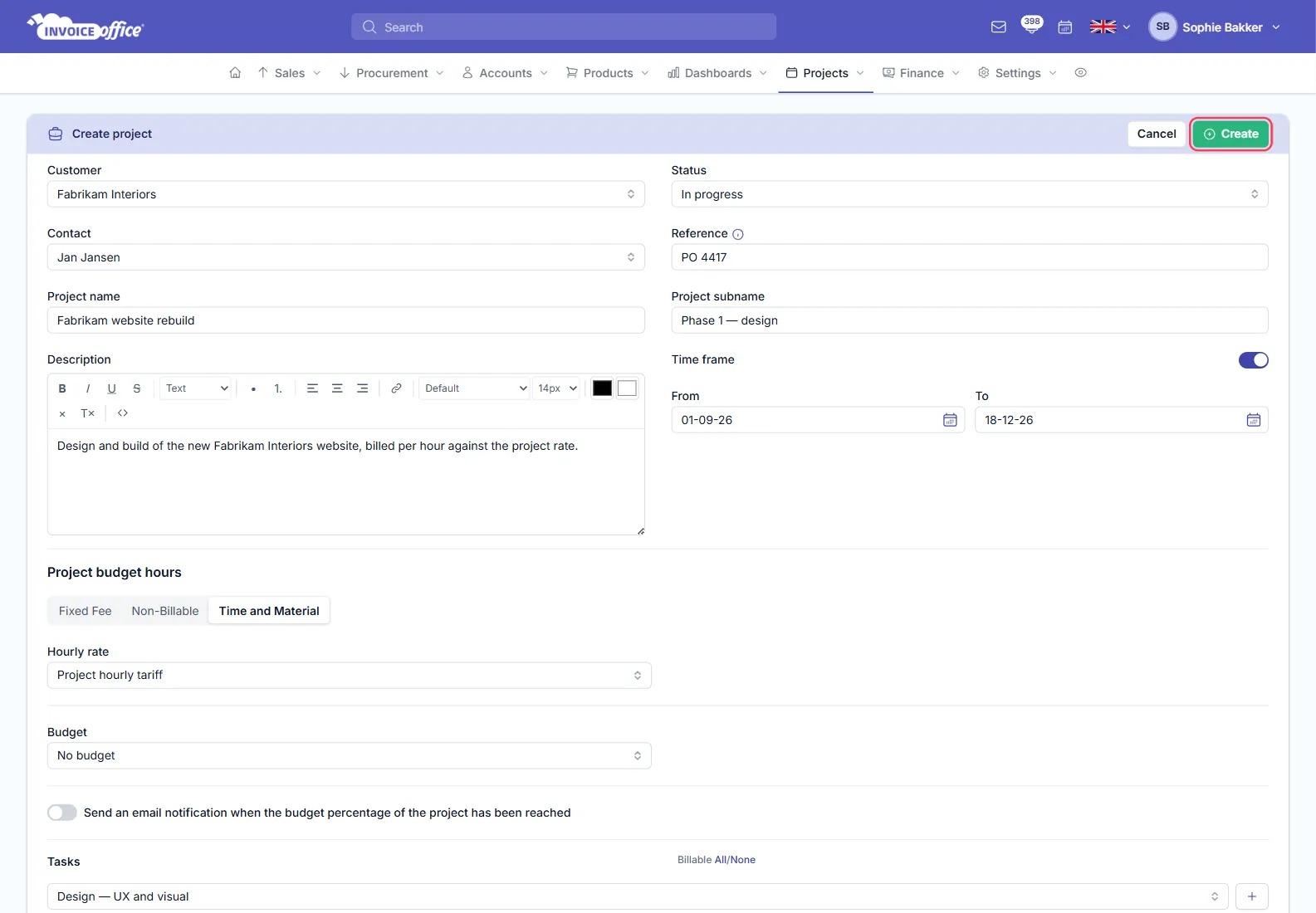 The Create project form in Invoice Office with Customer, Contact, Project name, Description, Status, Reference, Project subname, a Time frame with From and To dates, the Time and Material project type and a Project hourly tariff filled in — the green Create button is outlined in red