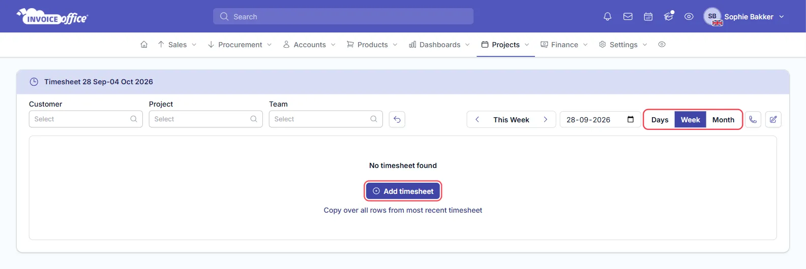 The Invoice Office Timesheet screen for the week of 28 Sep–4 Oct 2026, with Customer, Project and Team filters and week navigation — the Days, Week and Month view switch and the Add timesheet button are outlined in red