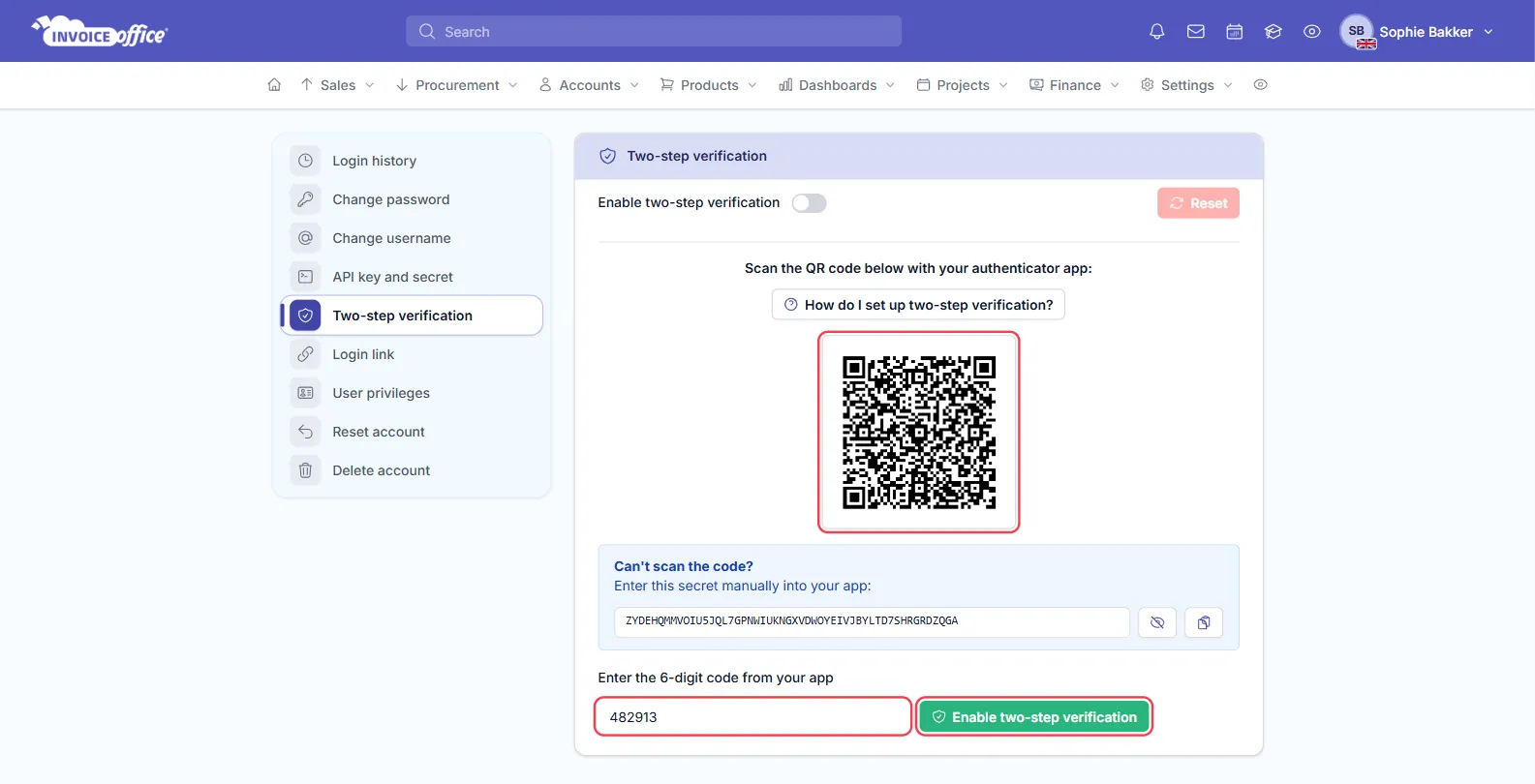 The Two-step verification page in the Invoice Office Security center, with a QR code to scan, the secret key under Can't scan the code, and a six-digit code entered; the QR code, the code field and the Enable two-step verification button are outlined in red