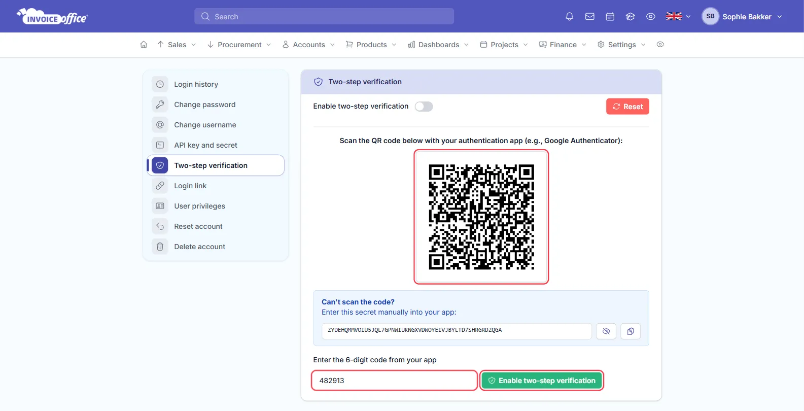 The Two-step verification page in the Invoice Office Security center, with a QR code to scan, the secret key under Can't scan the code, and a six-digit code entered; the QR code, the code field and the Enable two-step verification button are outlined in red