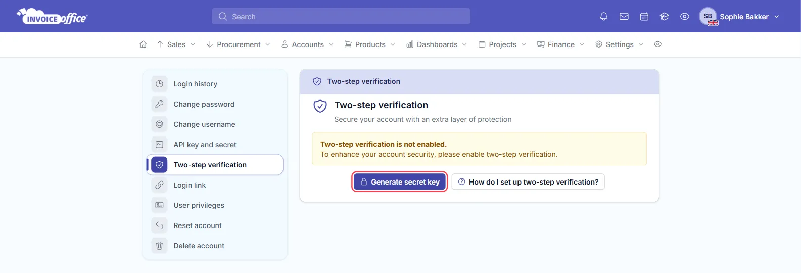 The Two-step verification page in the Invoice Office Security center showing Two-step verification is not enabled, with the Generate secret key button outlined in red next to How do I set up two-step verification?