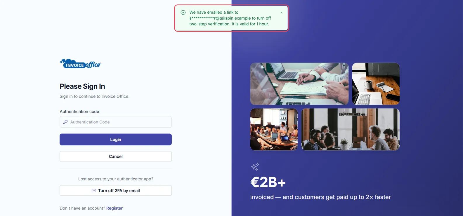 The Invoice Office sign-in screen with the message We have emailed a link to s***********r@tailspin.example to turn off two-step verification. It is valid for 1 hour, outlined in red