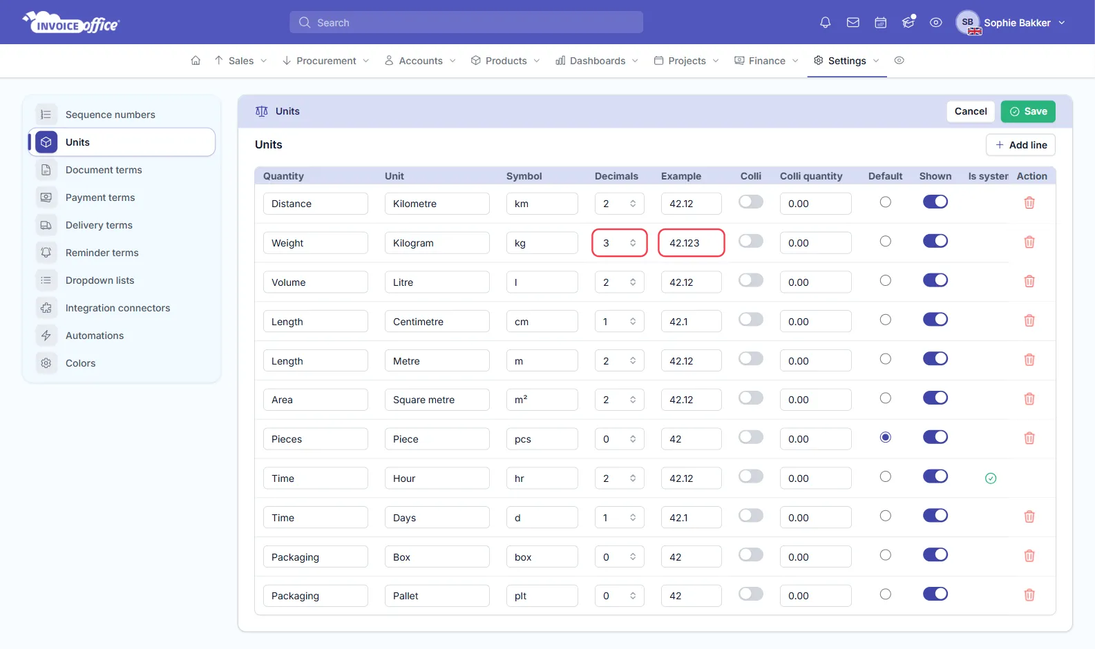 The Units page in Invoice Office settings with a row per unit — Kilometre, Kilogram, Litre, Centimetre, Metre, Square metre, Piece, Hour, Days, Box and Pallet — and the Kilogram row's Decimals set to 3 and Example 42.123, both outlined in red