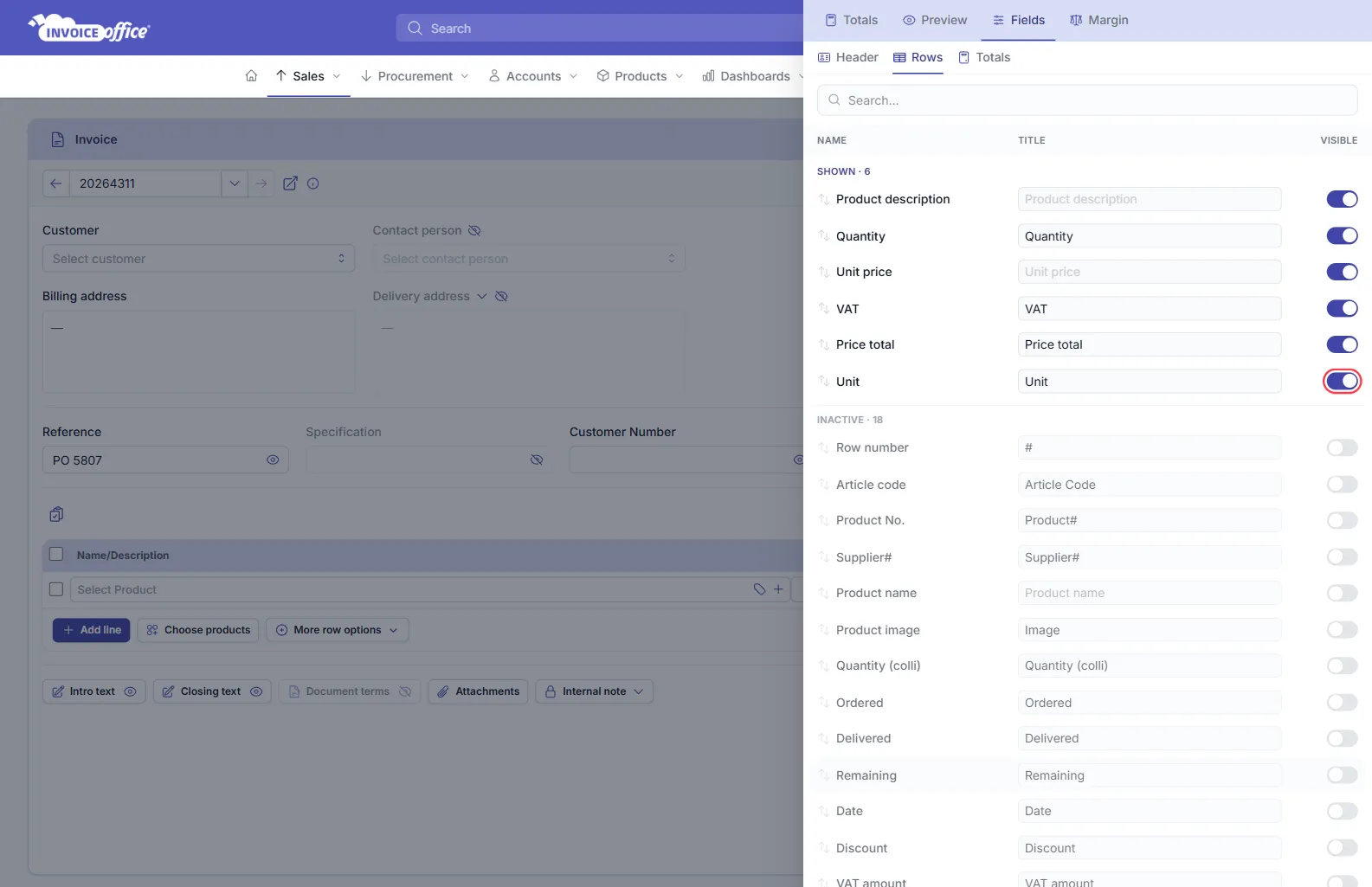 The Display Columns panel of an Invoice Office invoice on the Fields tab and Rows sub-tab, with Unit added to the SHOWN · 6 list below Product description, Quantity, Unit price, VAT and Price total; the Unit visibility switch is outlined in red