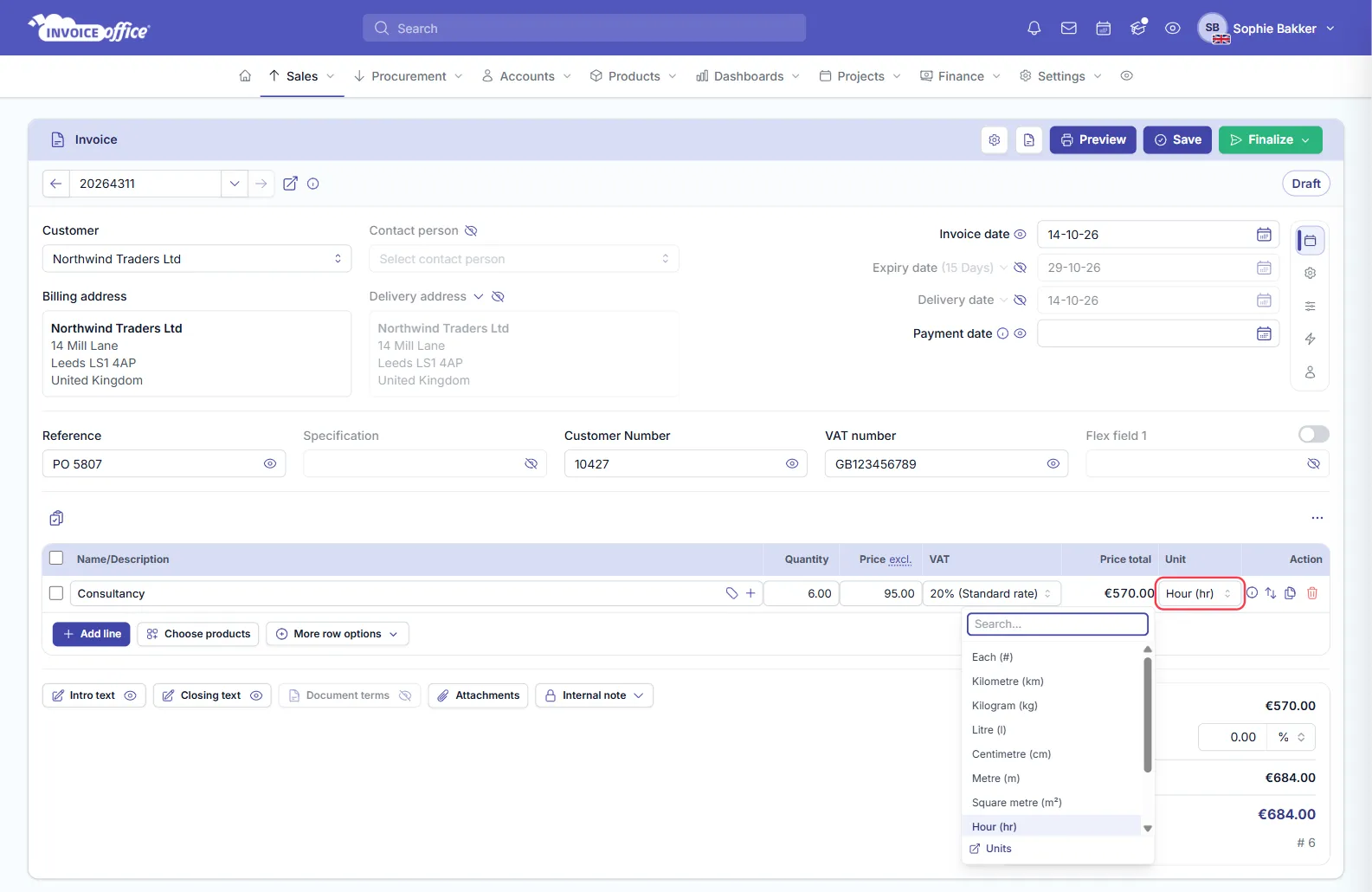 An Invoice Office invoice for Northwind Traders Ltd with a Consultancy line of 6.00 at 95.00 and 20% VAT, and the Unit column open on that line showing a searchable list of units — Each, Kilometre, Kilogram, Litre, Centimetre, Metre, Square metre, Hour, Days, Box and Pallet — with Hour (hr) selected and outlined in red, and a Units link below the list