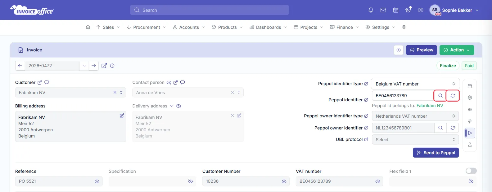 The Peppol section of a finalised Invoice Office invoice with the Peppol identifier BE0456123789, the result Peppol id belongs to: Fabrikam NV below it, and the magnifying-glass Peppol look up tool and the Refresh from account button outlined in red